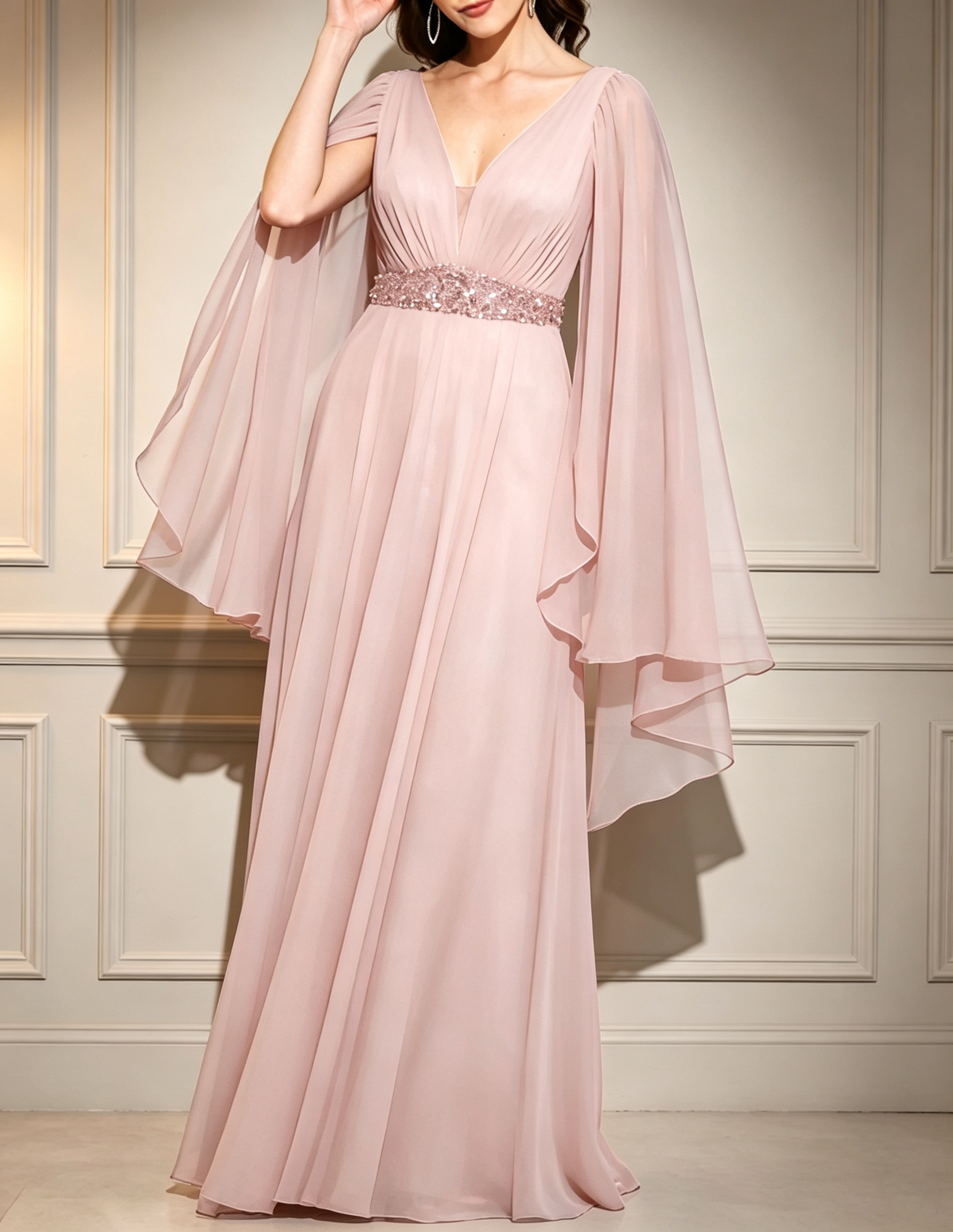 Formelles Maxi-Kleid mit V-Ausschnitt, Chiffon-Capeärmeln, Pailletten und Perlenverzierung am Taillenbund