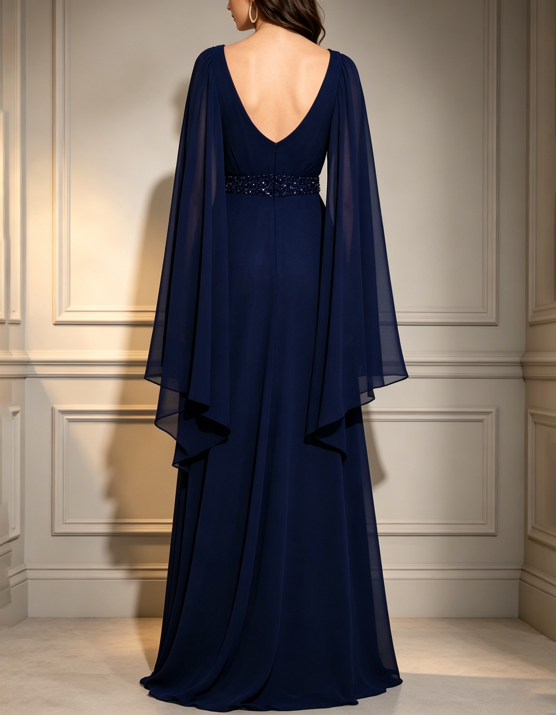 Formelles Maxi-Kleid mit V-Ausschnitt, Chiffon-Capeärmeln, Pailletten und Perlenverzierung am Taillenbund