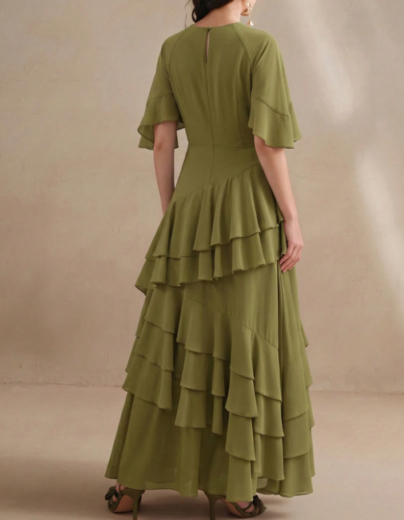 Maxikleid aus Chiffon mit Rundhalsausschnitt, flatternden kurzen Ärmeln, Volants, Rüschen und A-Linie
