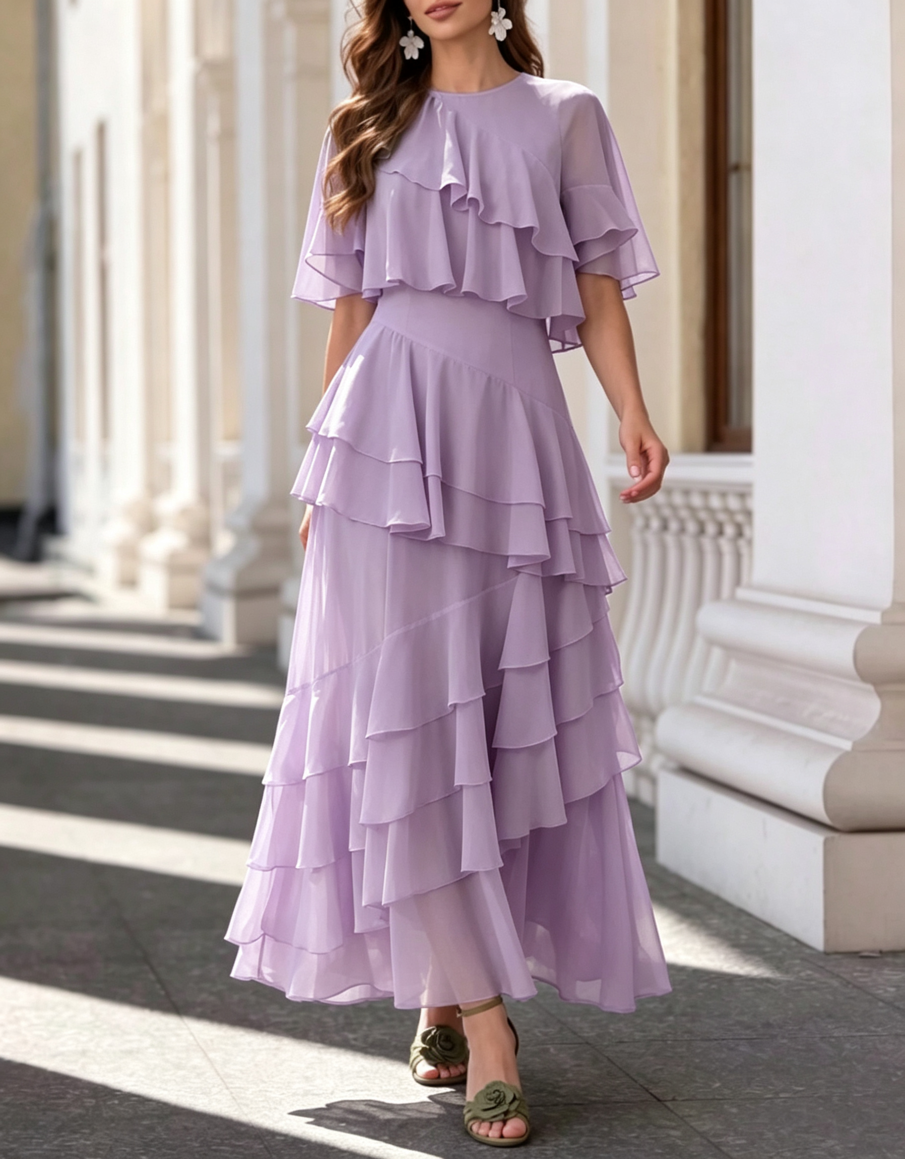 Maxikleid aus Chiffon mit Rundhalsausschnitt, flatternden kurzen Ärmeln, Volants, Rüschen und A-Linie