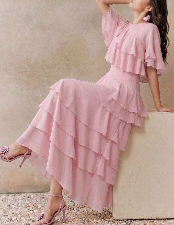 Maxikleid aus Chiffon mit Rundhalsausschnitt, flatternden kurzen Ärmeln, Volants, Rüschen und A-Linie