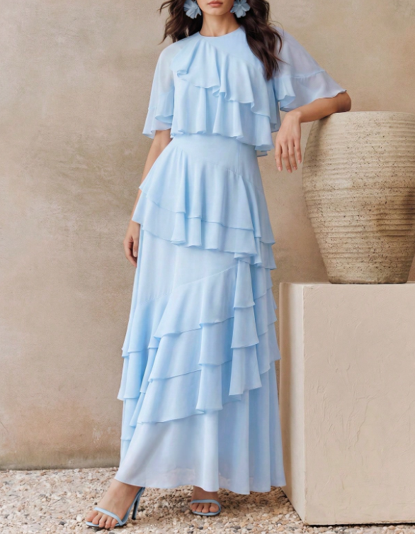 Maxikleid aus Chiffon mit Rundhalsausschnitt, flatternden kurzen Ärmeln, Volants, Rüschen und A-Linie