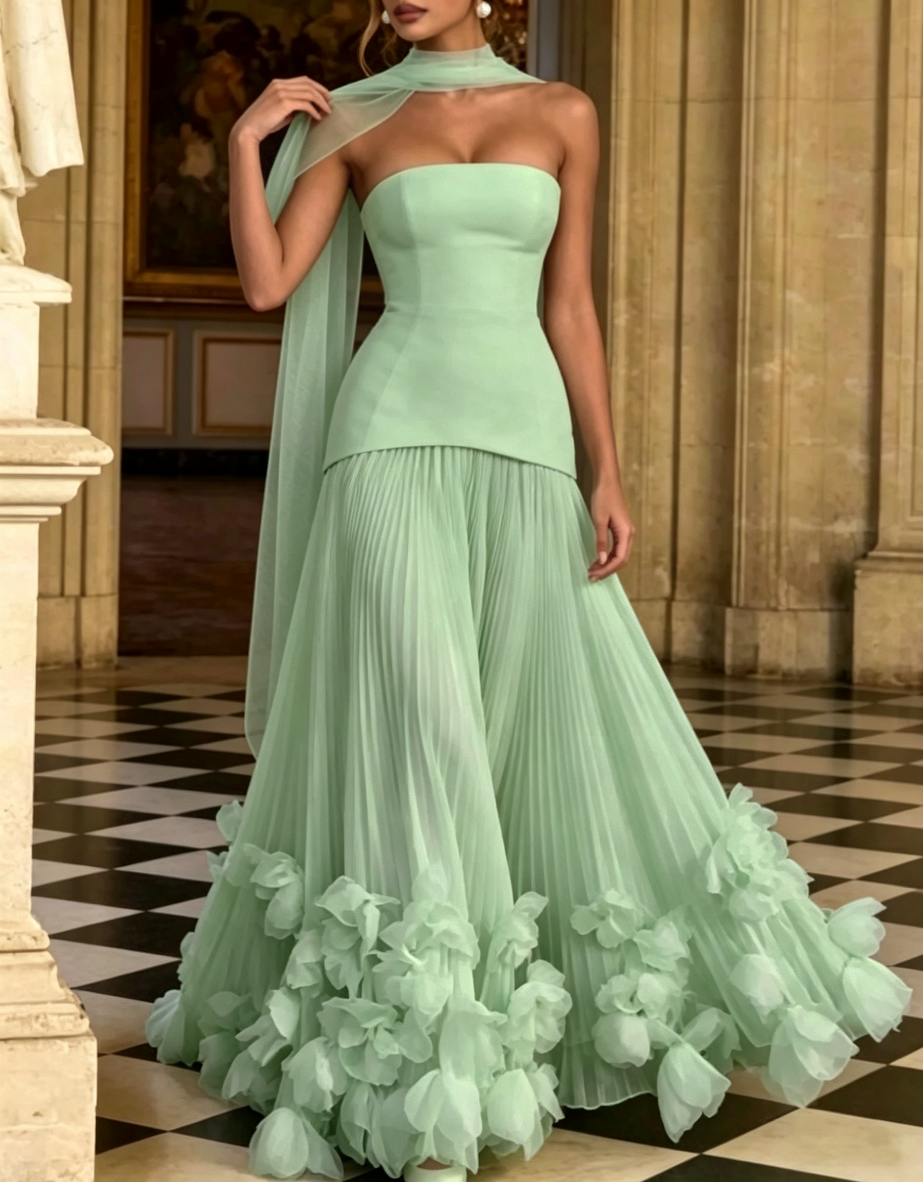 Trägerloses A-Linien-Maxikleid aus Crêpe und Chiffon mit Schnürung am Rücken, Falten und dreidimensionalen Blumenapplikationen