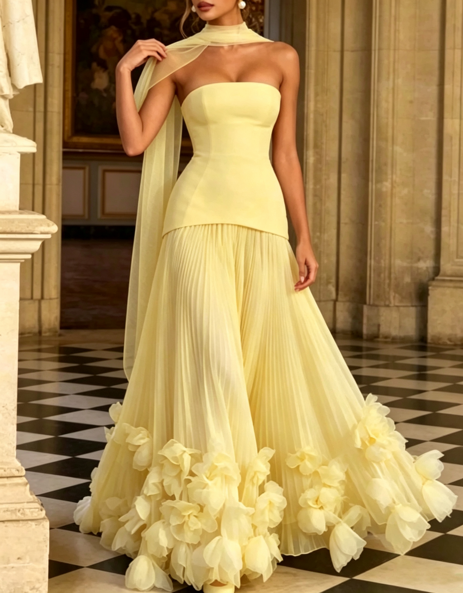 Trägerloses A-Linien-Maxikleid aus Crêpe und Chiffon mit Schnürung am Rücken, Falten und dreidimensionalen Blumenapplikationen