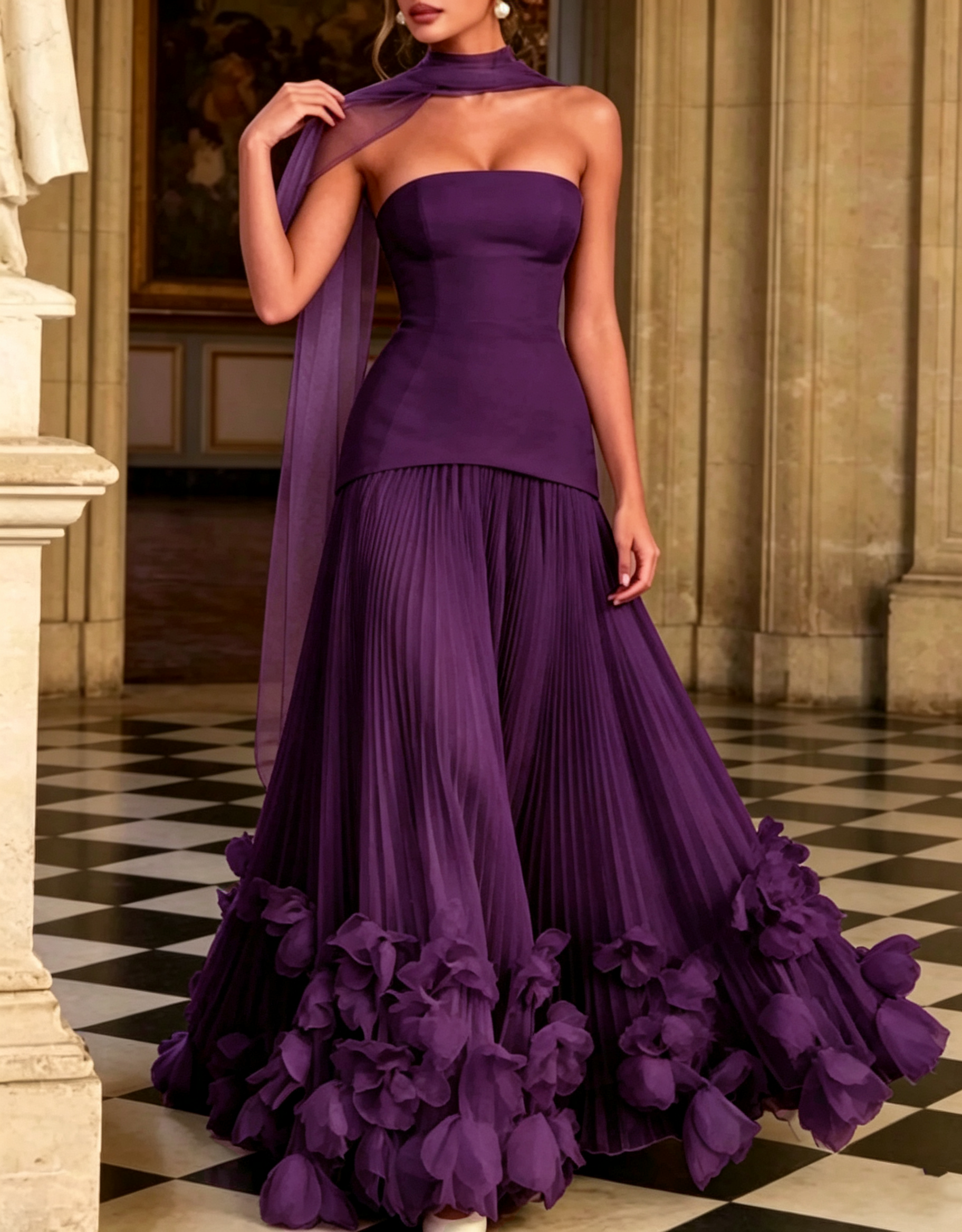 Trägerloses A-Linien-Maxikleid aus Crêpe und Chiffon mit Schnürung am Rücken, Falten und dreidimensionalen Blumenapplikationen