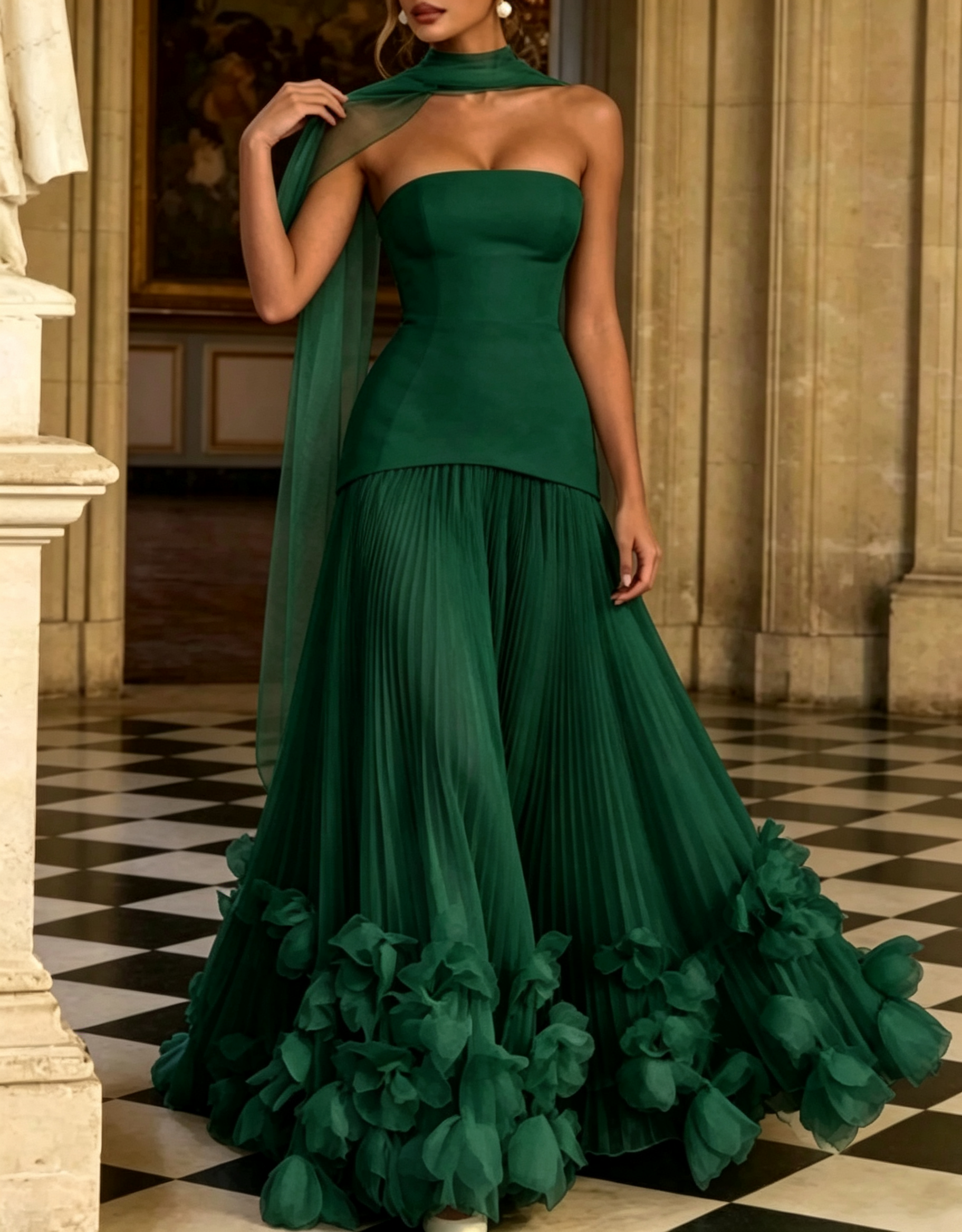 Trägerloses A-Linien-Maxikleid aus Crêpe und Chiffon mit Schnürung am Rücken, Falten und dreidimensionalen Blumenapplikationen