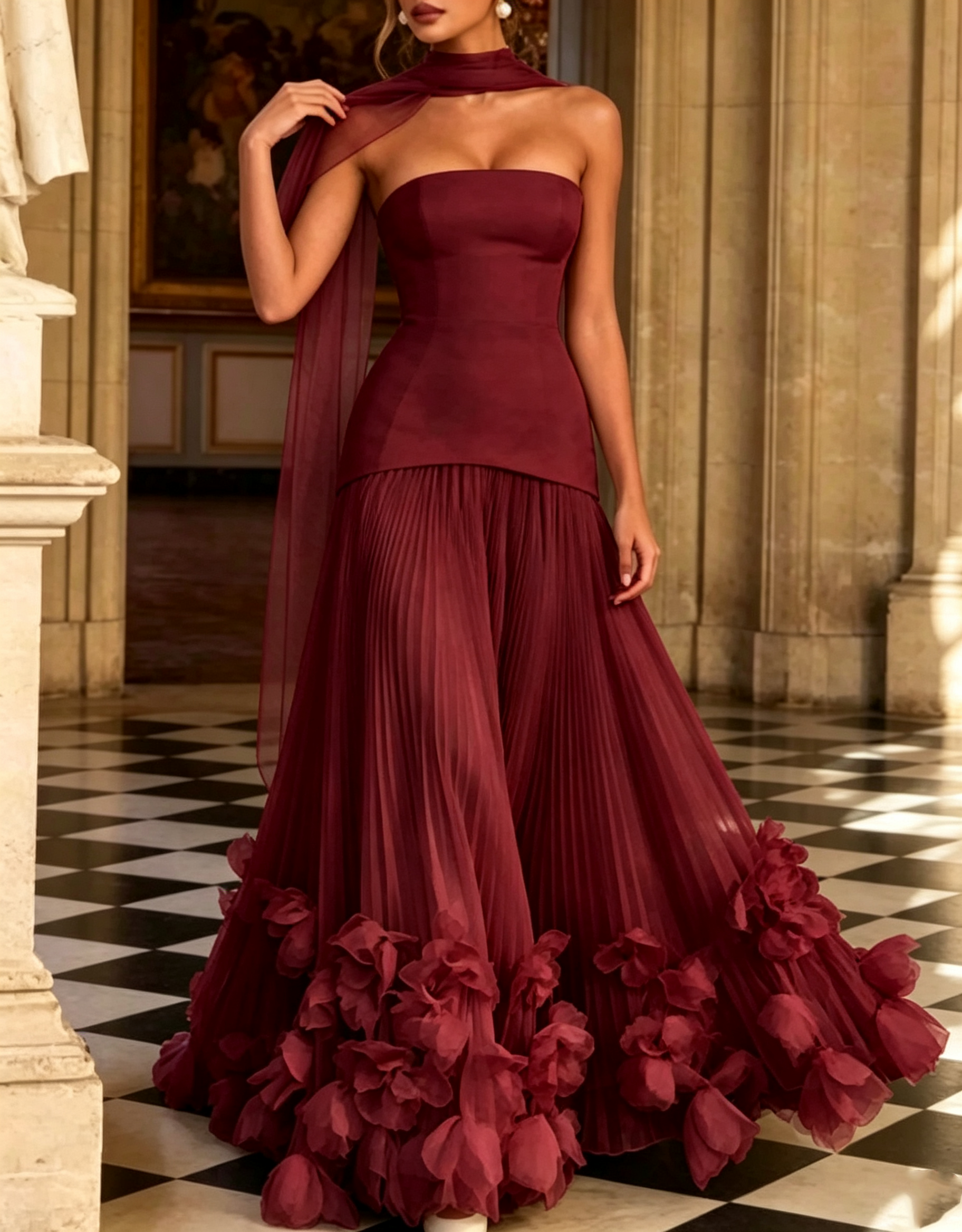 Trägerloses A-Linien-Maxikleid aus Crêpe und Chiffon mit Schnürung am Rücken, Falten und dreidimensionalen Blumenapplikationen