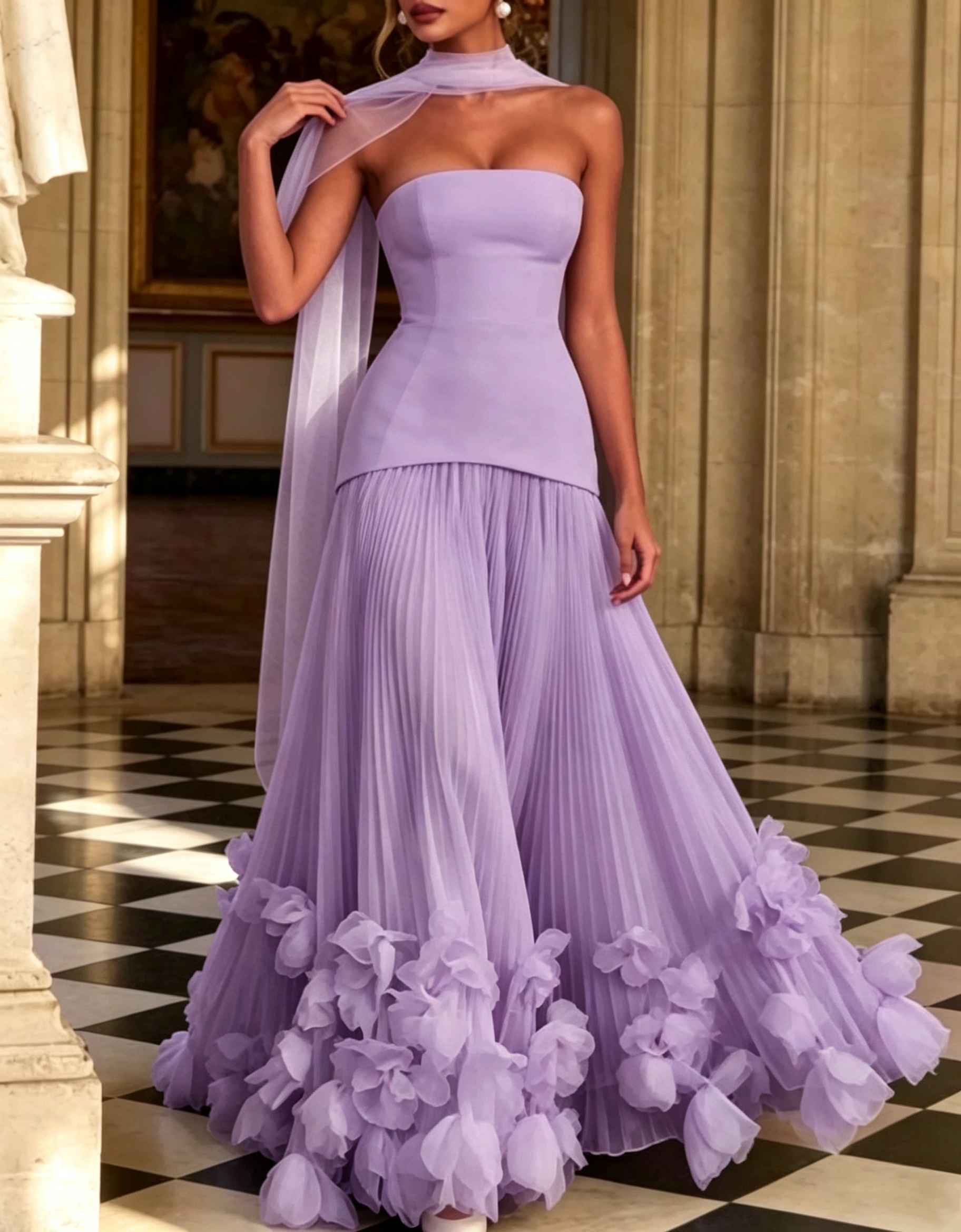 Trägerloses A-Linien-Maxikleid aus Crêpe und Chiffon mit Schnürung am Rücken, Falten und dreidimensionalen Blumenapplikationen