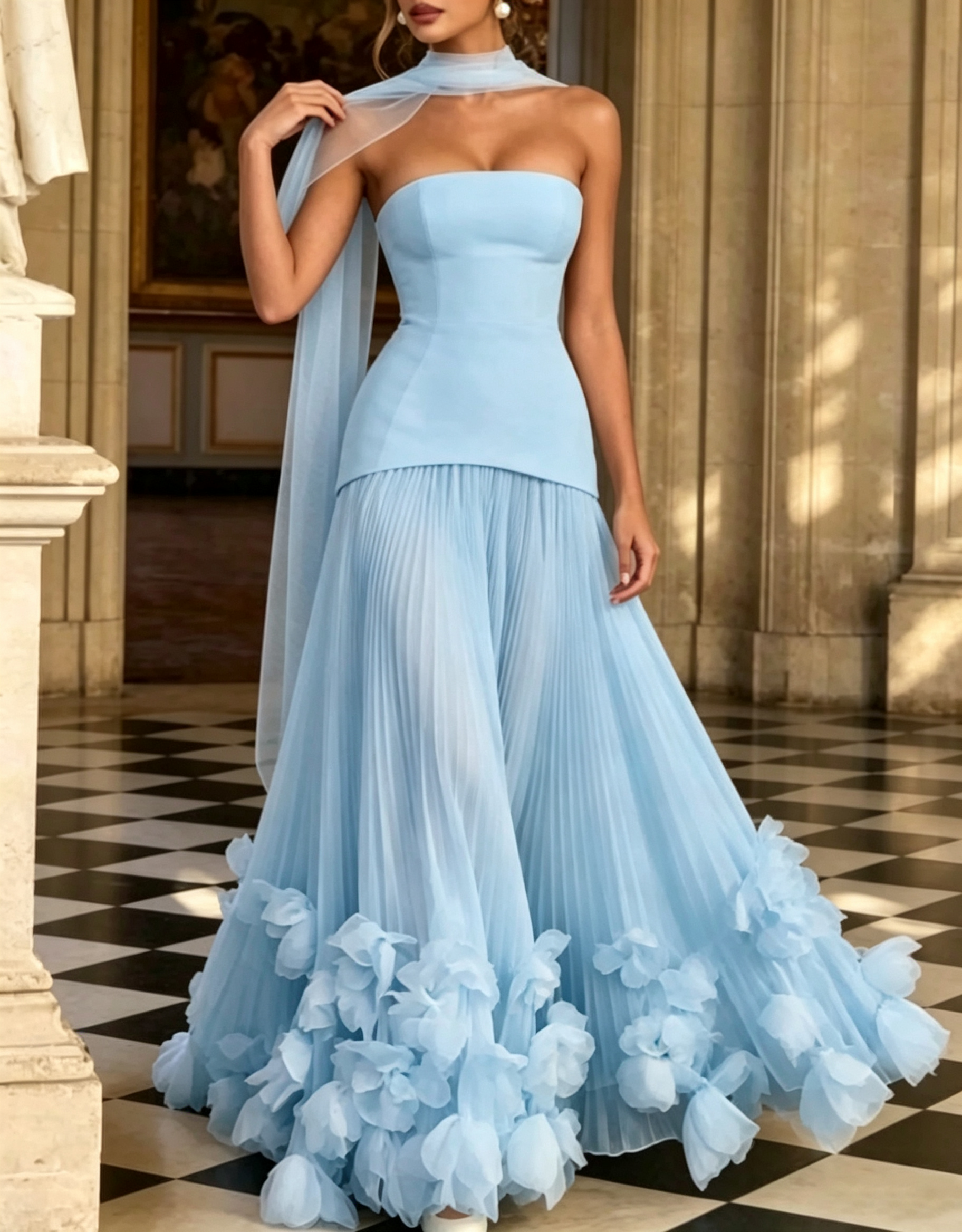Trägerloses A-Linien-Maxikleid aus Crêpe und Chiffon mit Schnürung am Rücken, Falten und dreidimensionalen Blumenapplikationen
