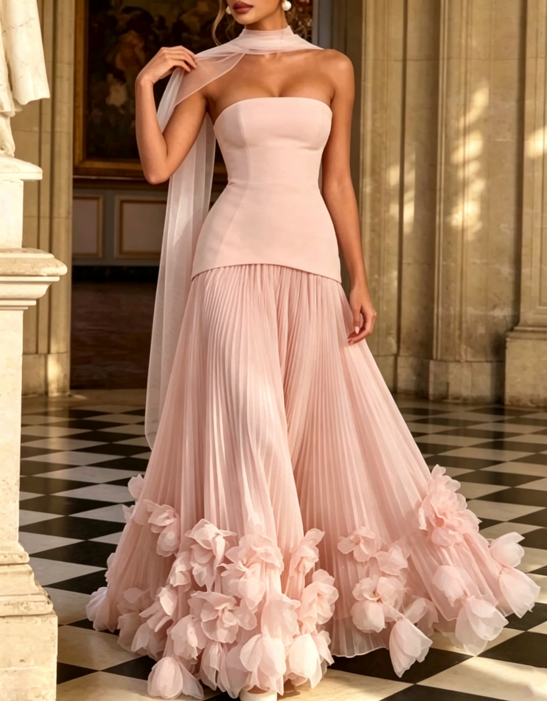 Trägerloses A-Linien-Maxikleid aus Crêpe und Chiffon mit Schnürung am Rücken, Falten und dreidimensionalen Blumenapplikationen