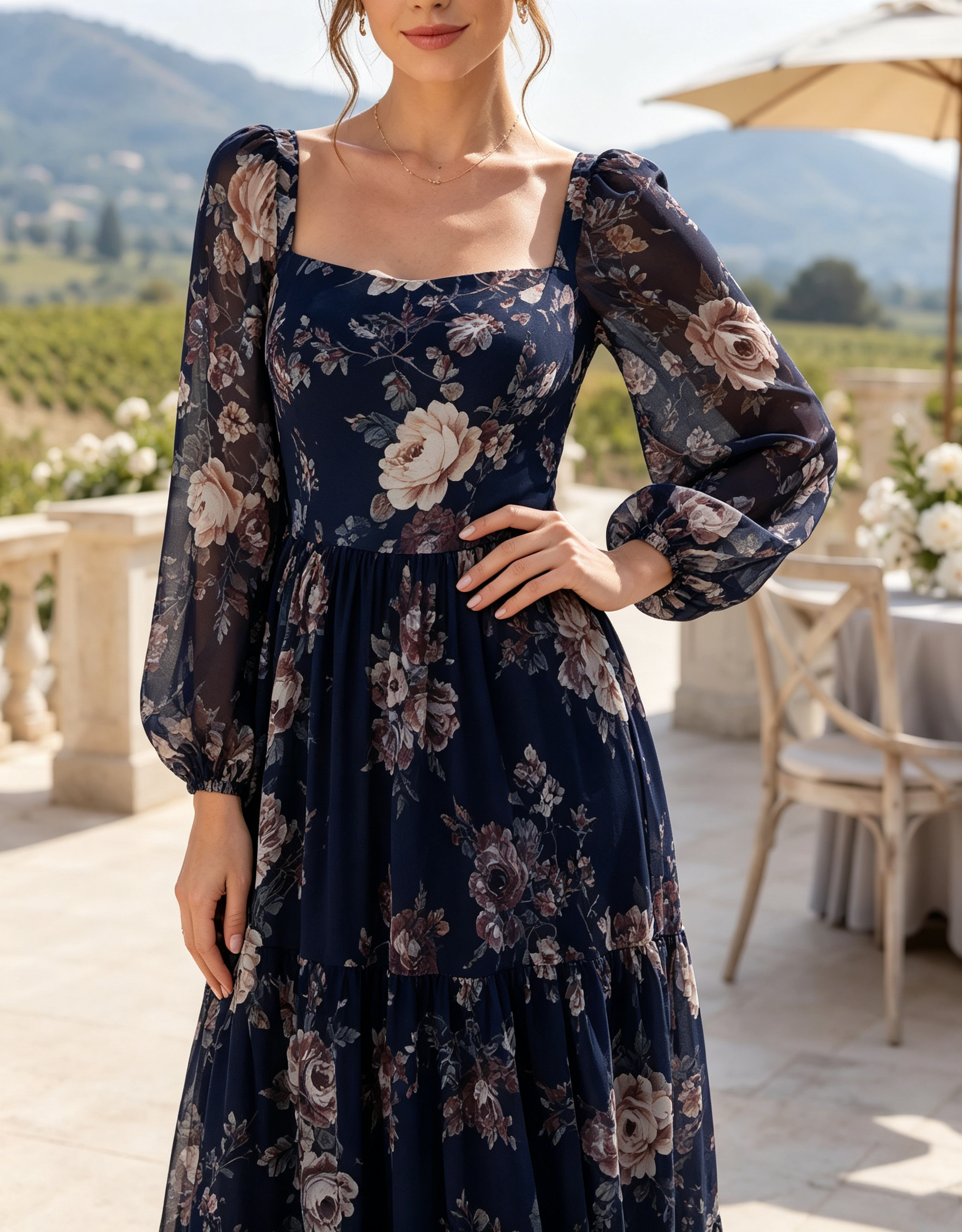 Maxikleid aus Chiffon mit eckigem Ausschnitt, langen Puffärmeln, Blumenprint und Stufenrock in A-Linie