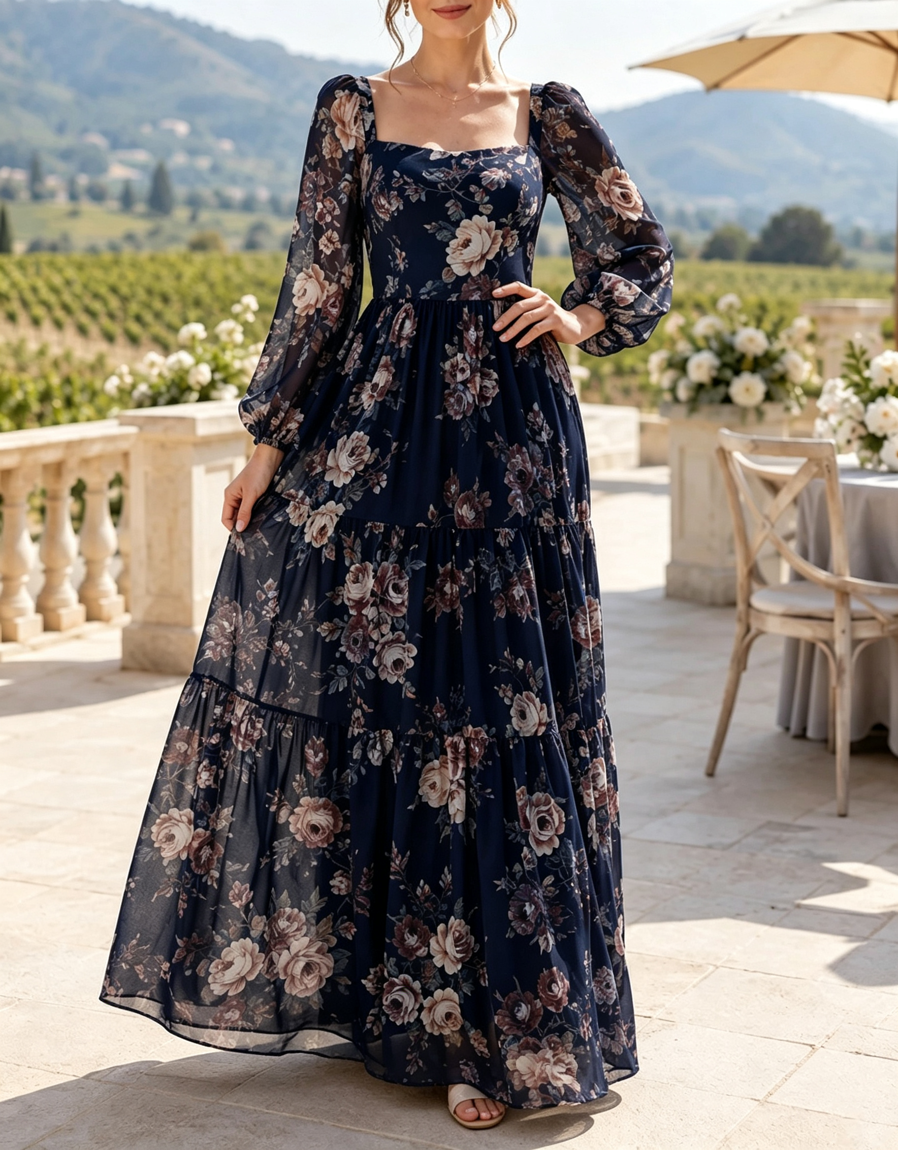 Maxikleid aus Chiffon mit eckigem Ausschnitt, langen Puffärmeln, Blumenprint und Stufenrock in A-Linie