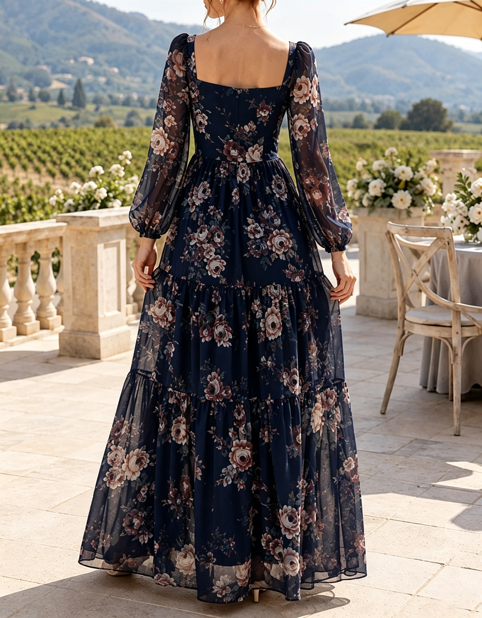 Maxikleid aus Chiffon mit eckigem Ausschnitt, langen Puffärmeln, Blumenprint und Stufenrock in A-Linie