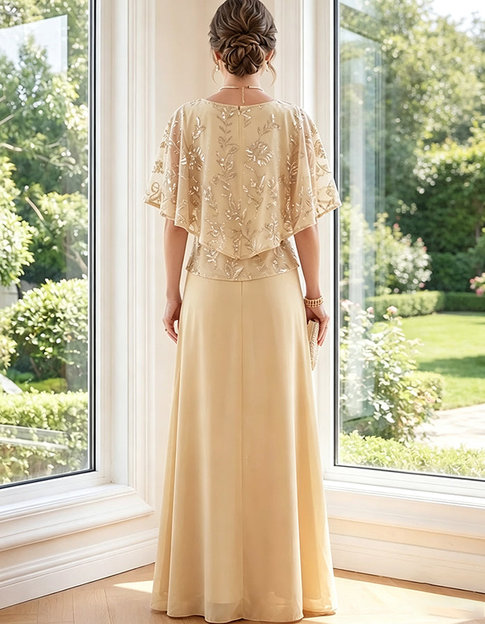 Champagnerfarbenes Maxikleid aus Pailletten-Chiffon mit rundem Ausschnitt und Cape-Ärmeln