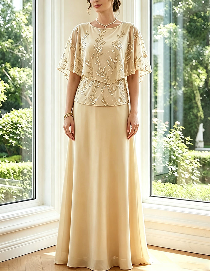 Champagnerfarbenes Maxikleid aus Pailletten-Chiffon mit rundem Ausschnitt und Cape-Ärmeln
