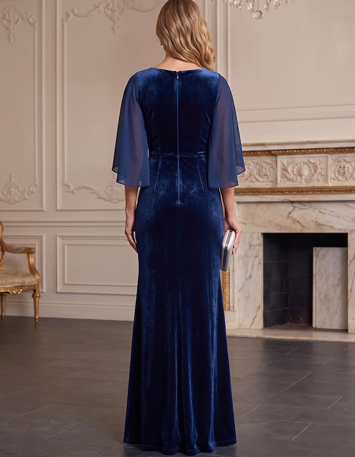 Samt-Maxikleid aus Chiffon mit V-Ausschnitt, gedrehter Vorderseite und Flatterärmeln