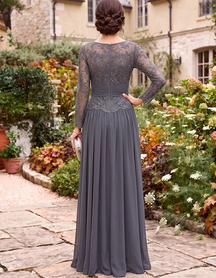 Dunkelgraues Chiffon-Maxikleid in A-Linie mit Spitze und langen Ärmeln