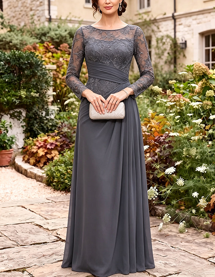 Dunkelgraues Chiffon-Maxikleid in A-Linie mit Spitze und langen Ärmeln