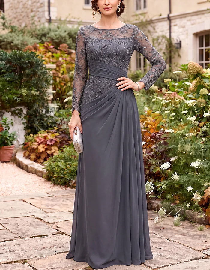 Dunkelgraues Chiffon-Maxikleid in A-Linie mit Spitze und langen Ärmeln