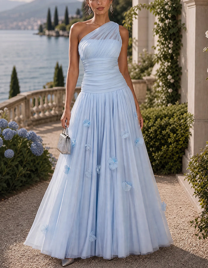 One-Shoulder-Maxikleid aus gerafftem Tüll mit 3D-Blumenmuster