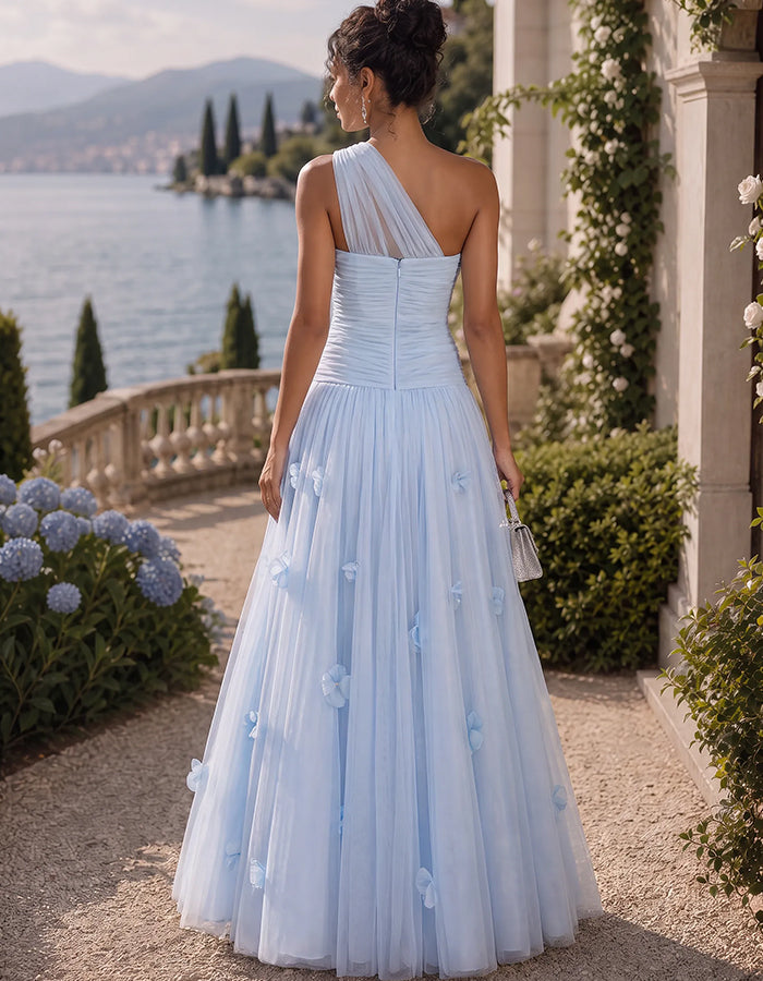 One-Shoulder-Maxikleid aus gerafftem Tüll mit 3D-Blumenmuster