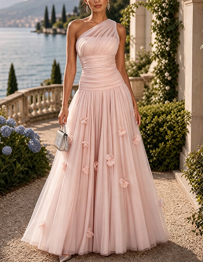 One-Shoulder-Maxikleid aus gerafftem Tüll mit 3D-Blumenmuster