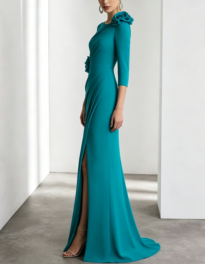 Elegante maxi abito turchese con maniche a 3/4 e motivo floreale 3D