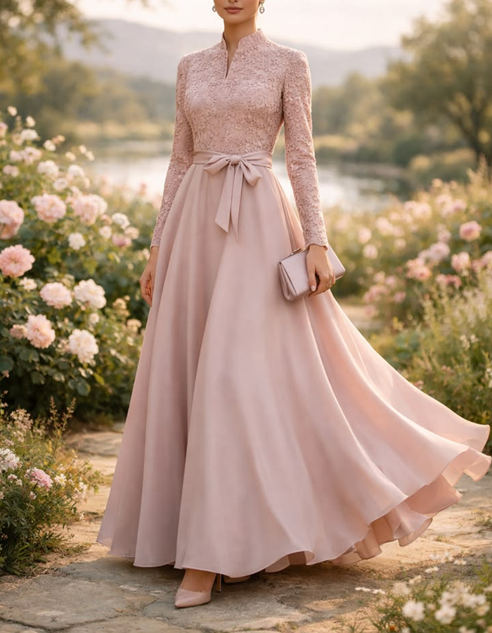 Abito maxi in chiffon rosa cipria, in pizzo, a maniche lunghe e linea ad A