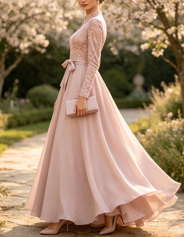 Abito maxi in chiffon rosa cipria, in pizzo, a maniche lunghe e linea ad A