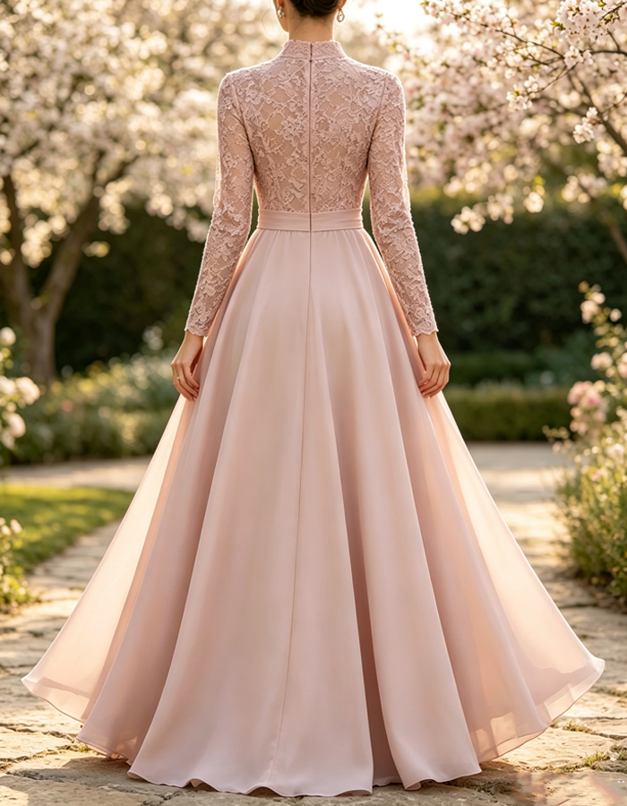 Abito maxi in chiffon rosa cipria, in pizzo, a maniche lunghe e linea ad A
