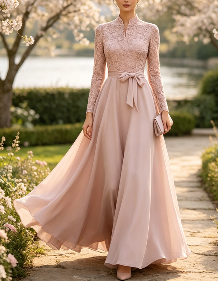 Abito maxi in chiffon rosa cipria, in pizzo, a maniche lunghe e linea ad A