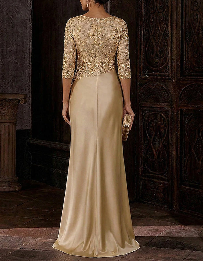 Maxikleid aus Satin und Spitze in Unifarbe mit Dreiviertelärmeln