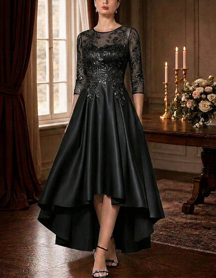 Einfarbiges Satin-Maxikleid mit Rundhalsausschnitt und Dreiviertelärmeln