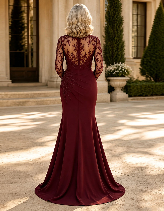 Burgunderfarbenes Spitzen-Maxikleid mit Rundhalsausschnitt und langen Ärmeln