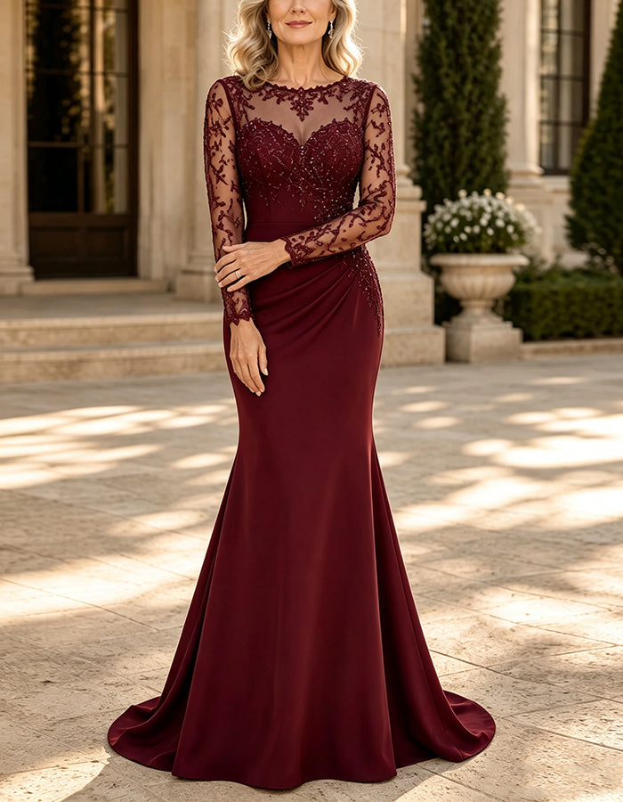 Burgunderfarbenes Spitzen-Maxikleid mit Rundhalsausschnitt und langen Ärmeln