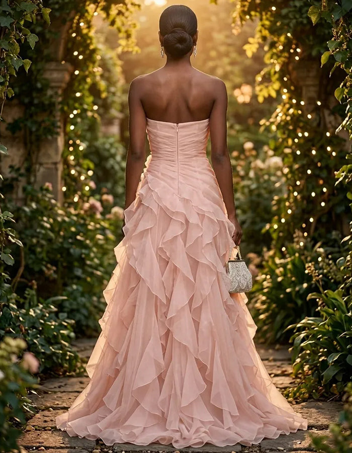 Rosa Chiffon-Maxikleid mit trägerlosem Twist-Oberteil, Raffungen, 3D-Rosenblumen und Volants