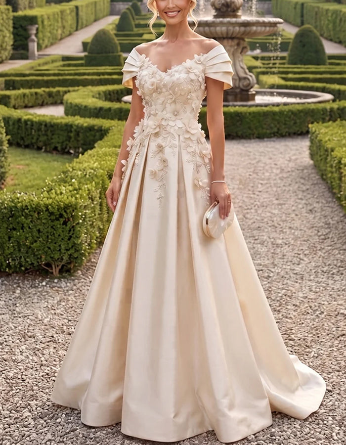 Champagnerfarbener schulterfreier Satin-Maxikleid mit 3D-Blumenmuster