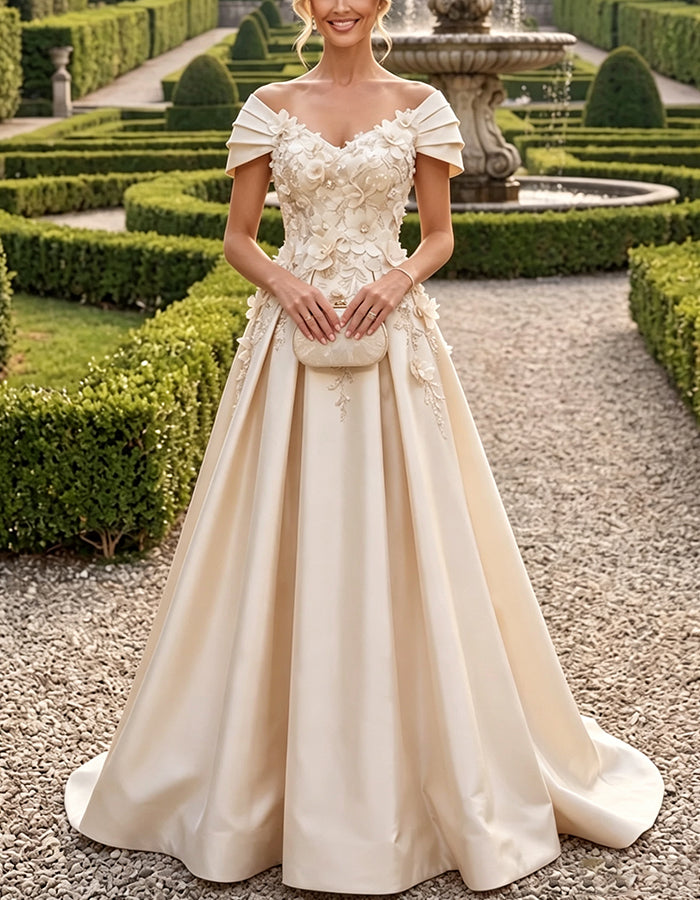 Champagnerfarbener schulterfreier Satin-Maxikleid mit 3D-Blumenmuster