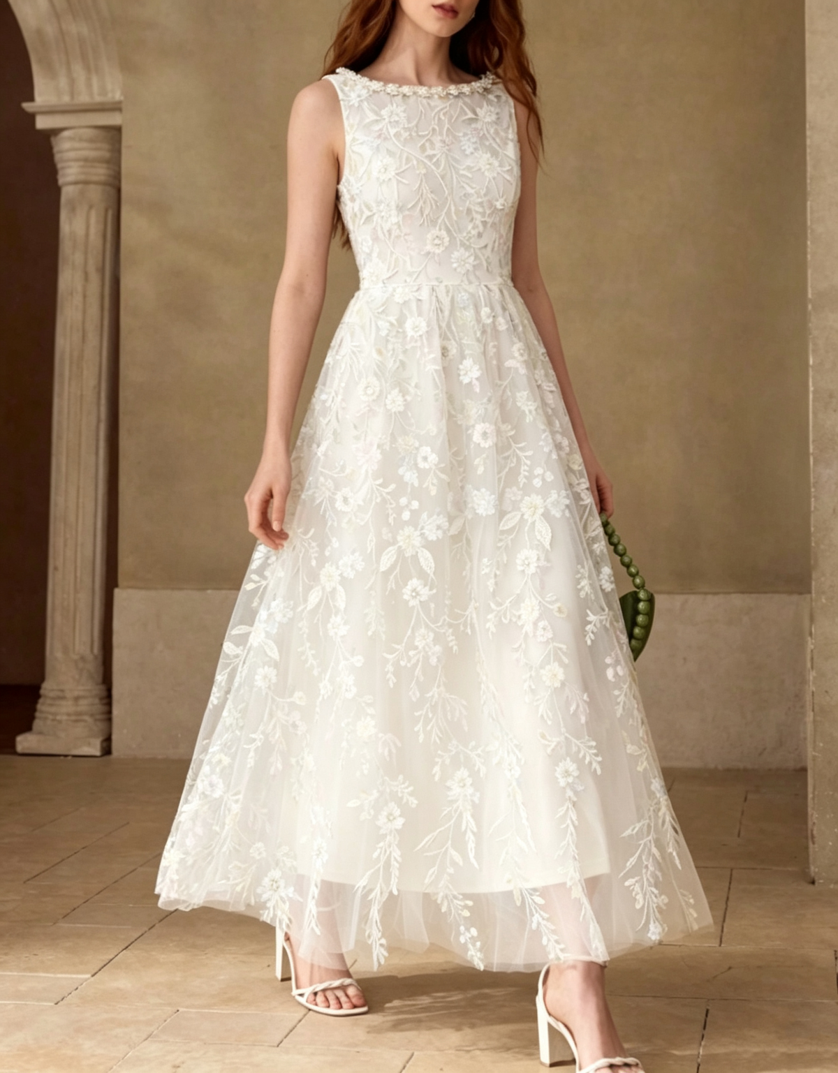 Round‑Neck Pearl Trim Lace Floral‑Embroidered Chiffon A‑Line Maxi Evening Dress
