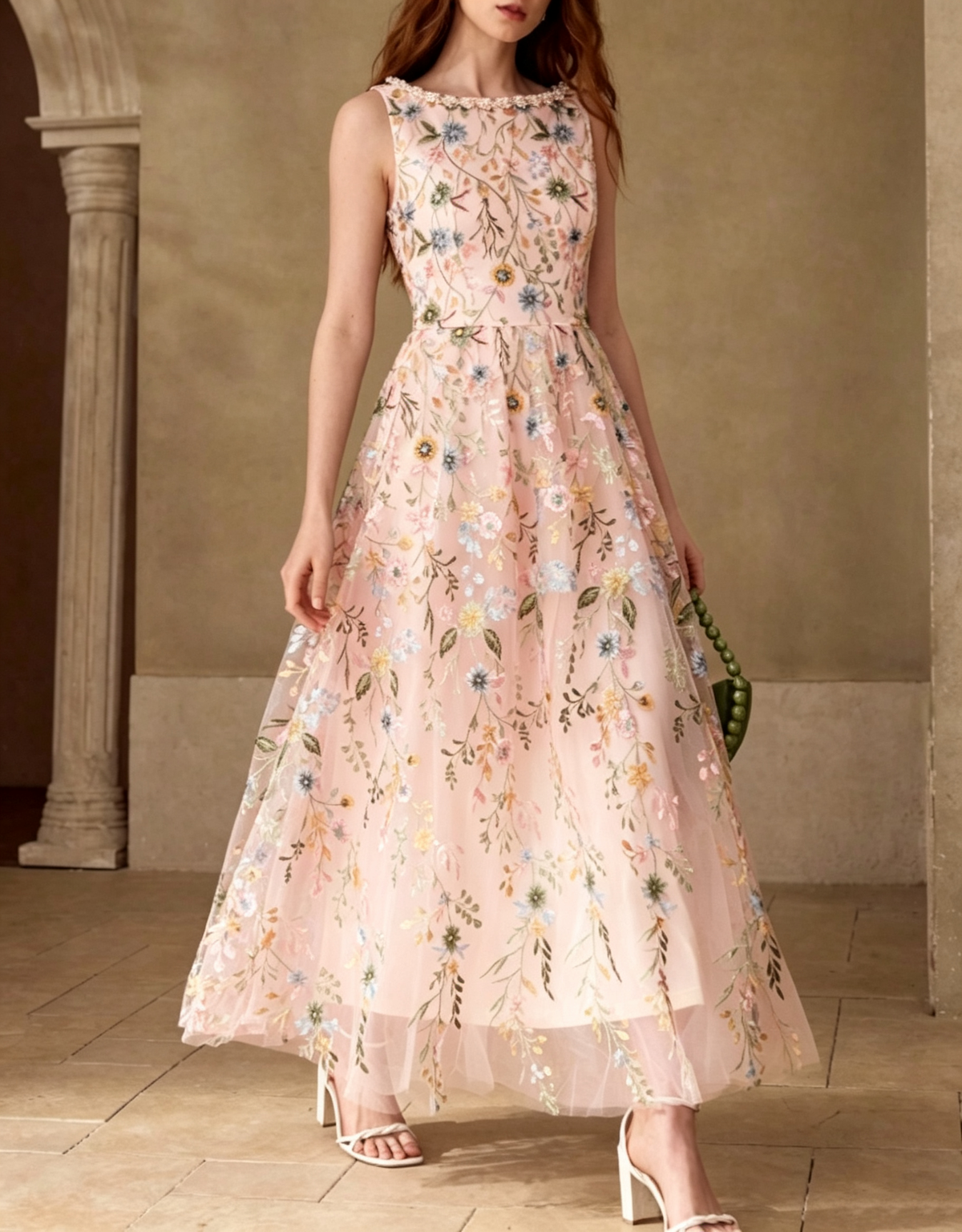 Round‑Neck Pearl Trim Lace Floral‑Embroidered Chiffon A‑Line Maxi Evening Dress