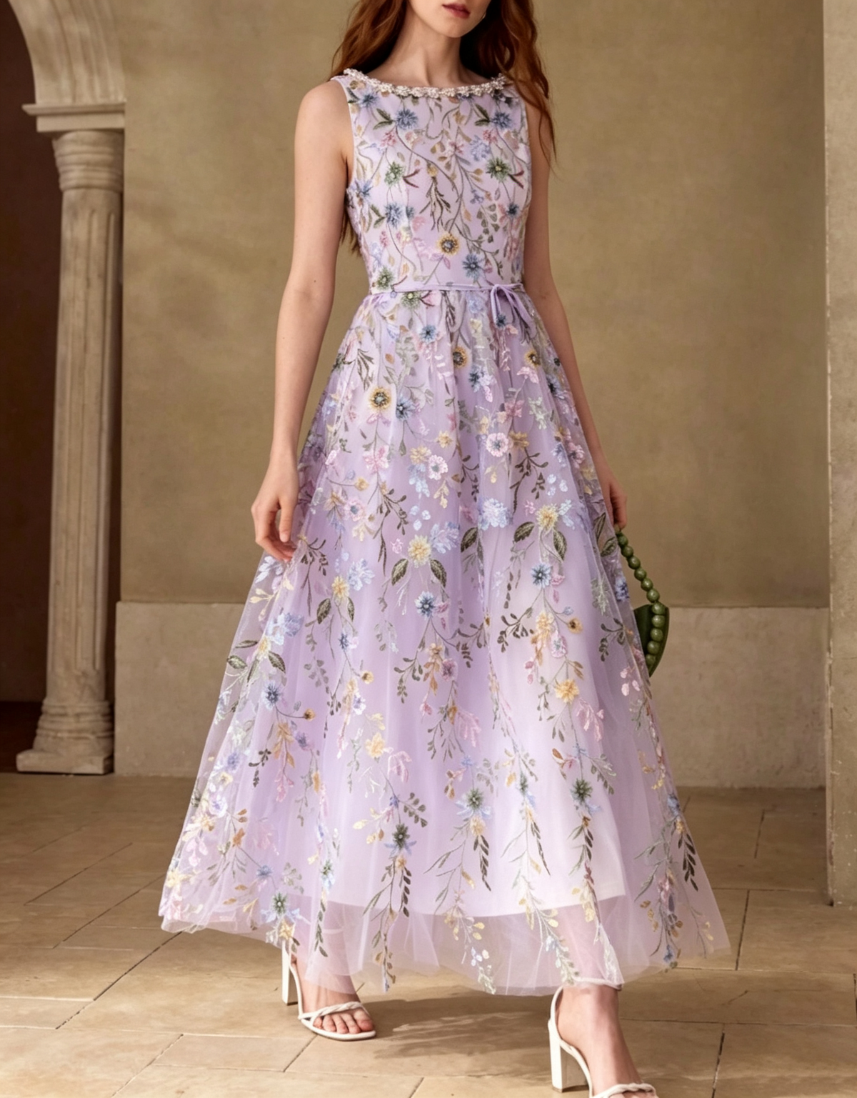 Round‑Neck Pearl Trim Lace Floral‑Embroidered Chiffon A‑Line Maxi Evening Dress
