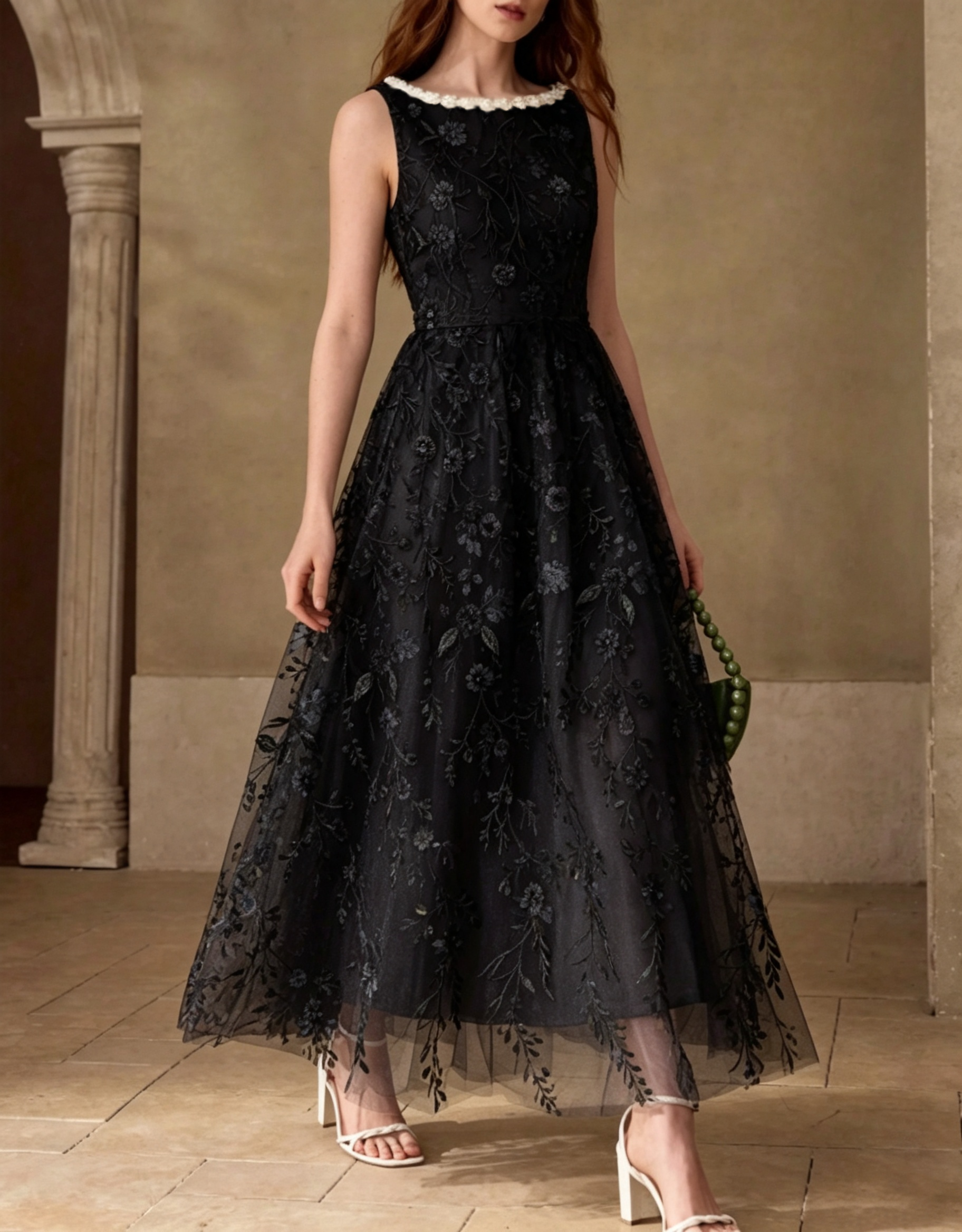 Round‑Neck Pearl Trim Lace Floral‑Embroidered Chiffon A‑Line Maxi Evening Dress