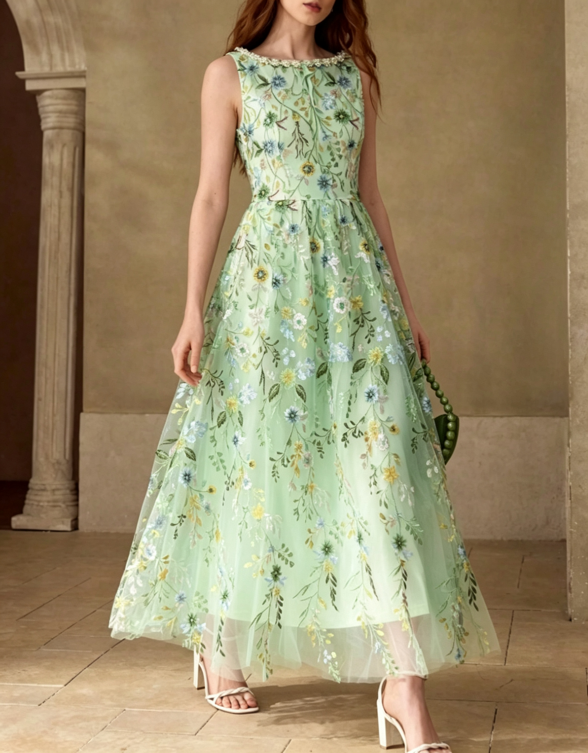 Round‑Neck Pearl Trim Lace Floral‑Embroidered Chiffon A‑Line Maxi Evening Dress
