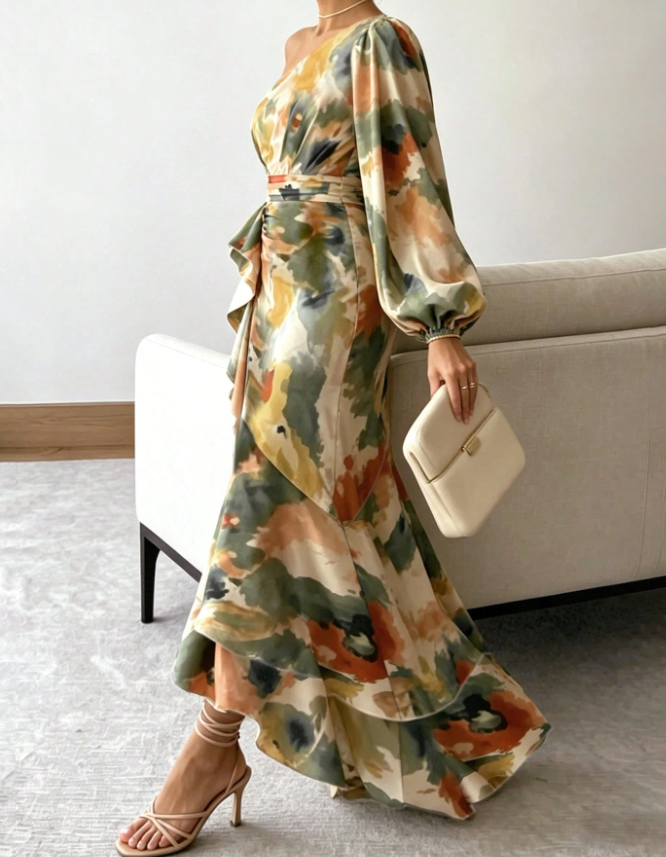 One‑Shoulder Puff‑Sleeve Watercolor‑Print Ruffle Mermaid Maxi Dress