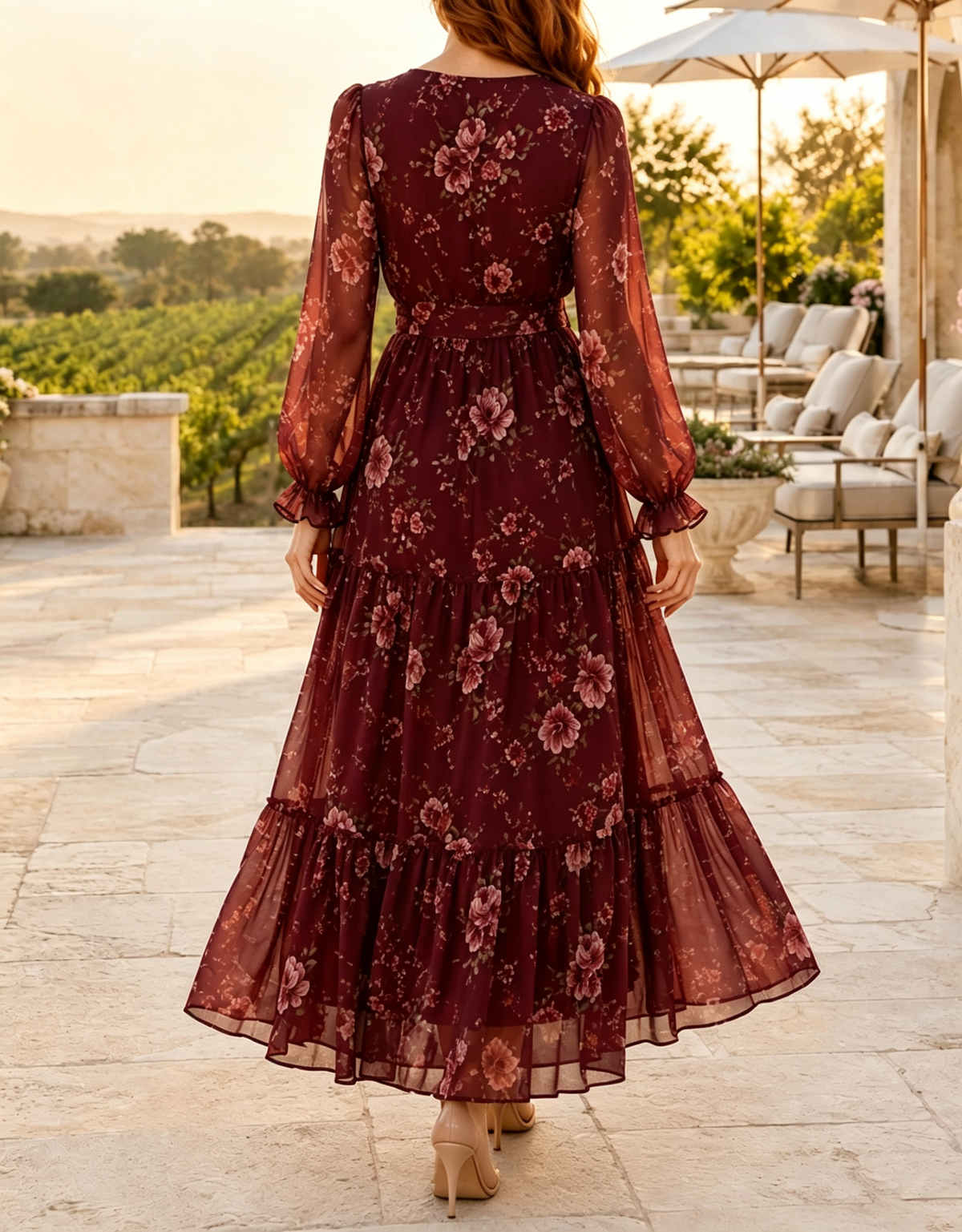 Robe longue trapèze en mousseline à imprimé floral, couleur bordeaux, avec col en V et manches bouffantes