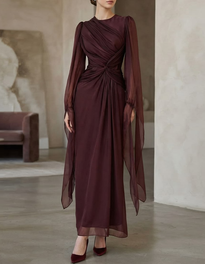 Maxikleid aus Chiffon mit rundem Ausschnitt, langen Ärmeln, Knoten und Plisseefalten