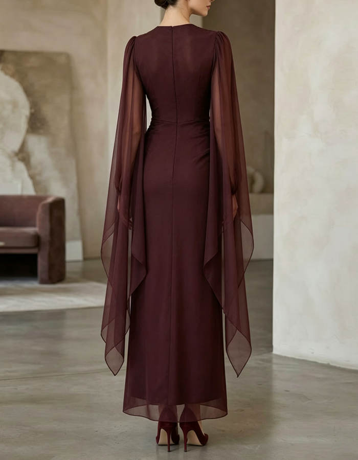 Maxikleid aus Chiffon mit rundem Ausschnitt, langen Ärmeln, Knoten und Plisseefalten