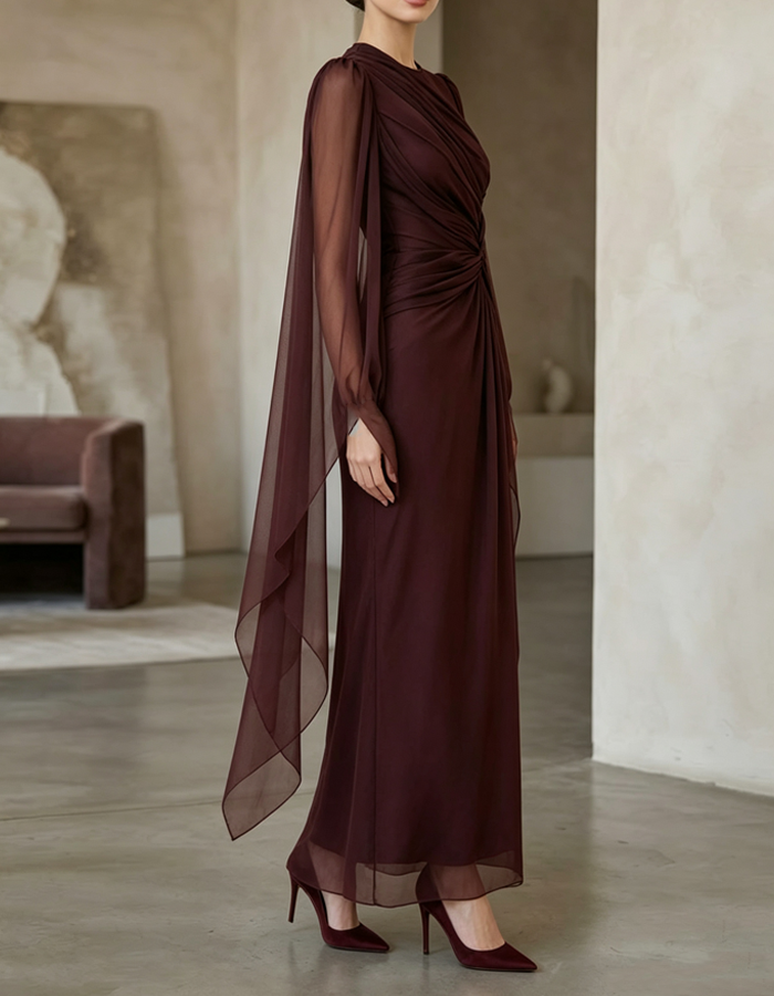 Maxikleid aus Chiffon mit rundem Ausschnitt, langen Ärmeln, Knoten und Plisseefalten