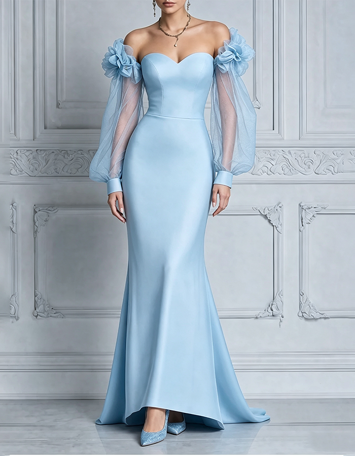 Rosa „Sweetheart“-Maxikleid im Meerjungfrauenstil aus Satin mit schulterfreiem Ausschnitt, 3D-Blumen, Puffärmeln aus Tüll