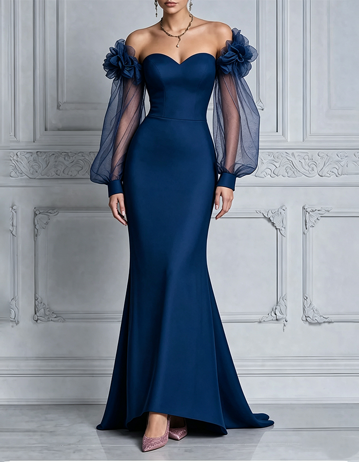 Rosa „Sweetheart“-Maxikleid im Meerjungfrauenstil aus Satin mit schulterfreiem Ausschnitt, 3D-Blumen, Puffärmeln aus Tüll